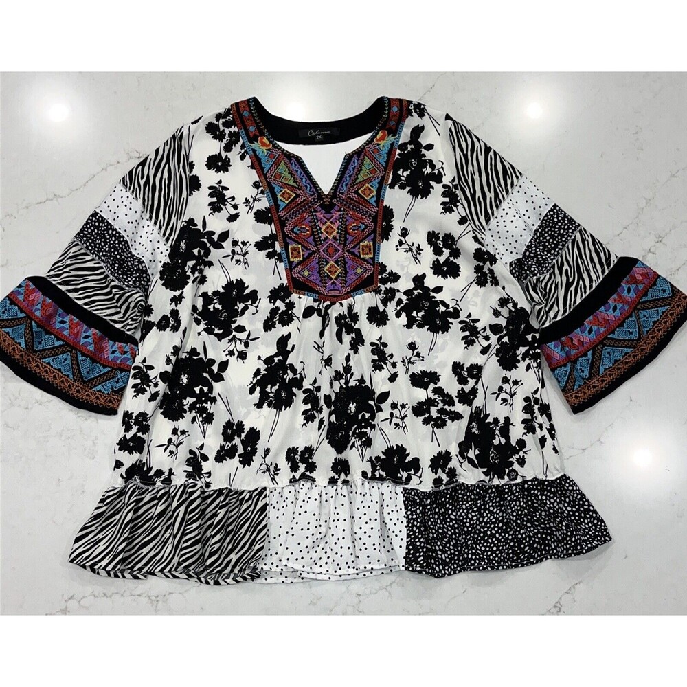 Caleaas Womens 2X Embroidered Tunic Shirt Top Boho Art Wear Lagenlook 3/4 Sleeve